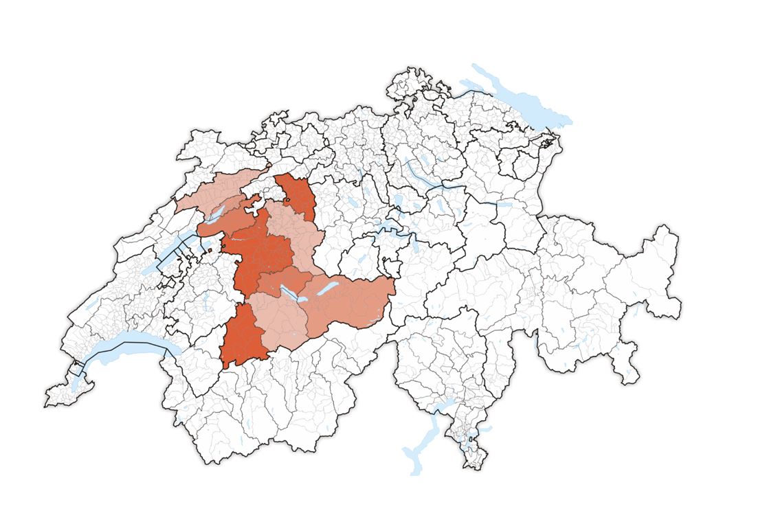 Carte de la Suisse en noir et blanc sur laquelle le canton de Berne est mis en évidence en rouge